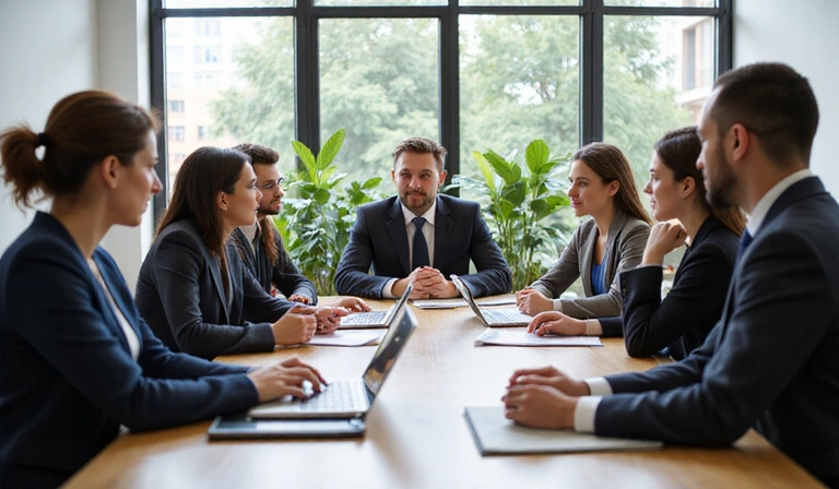 Diverse group of business professionals discussing ethical economics